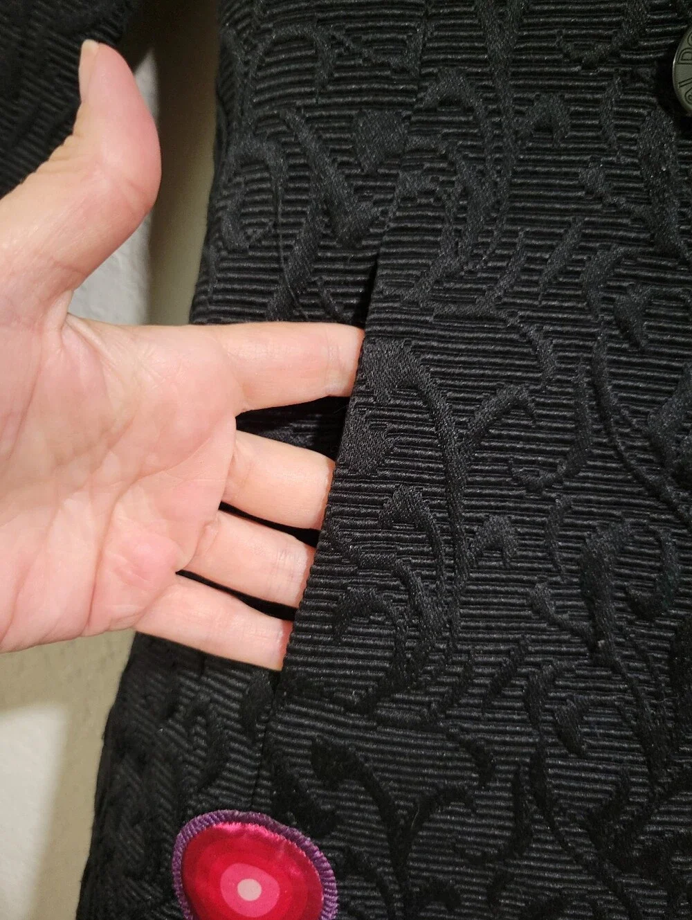 Desigual Girls 5/6 Y Black Embossed Designer Pea Coat Embroidered Flawed